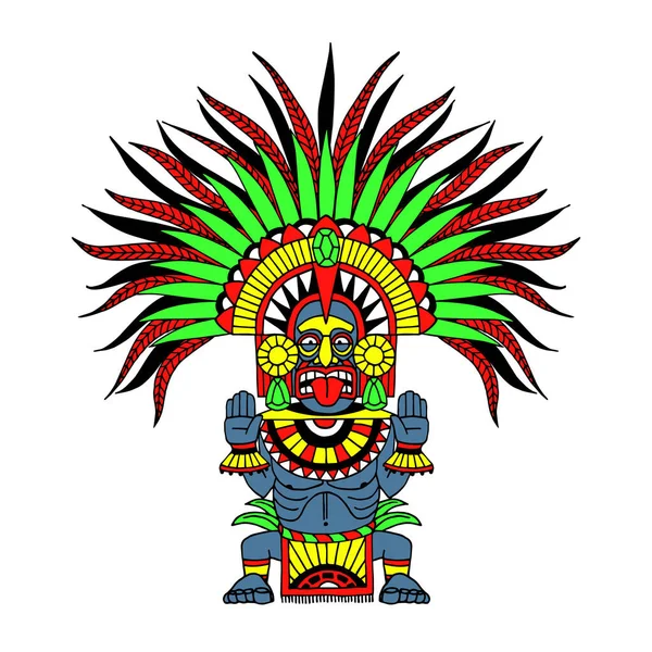 Indian Decorative Totem Aztec God Wearing Feather Crown Masked Shaman — Image vectorielle