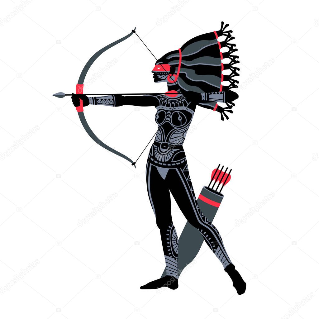 amazon archer in silver armor, beautiful female warrior, hunting goddess Artemis with bow, body with tattoo, color vector illustration isolated on white background in cartoon and flat design