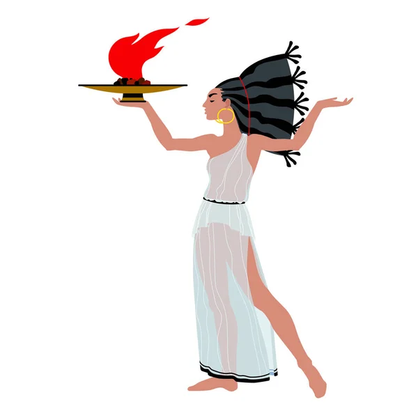 一个穿着古希腊服装的漂亮女人拿着一盏燃烧的青铜灯 一个拿着火炬跳舞的女祭司 在漫画和平面设计的白色背景上孤立的矢量图形 — 图库矢量图片