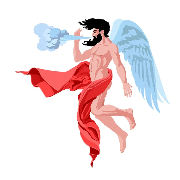 Nordwind Boreas Griechischer Gott Rotem Tuch Auf Flügeln Fliegend Mythologischer — Stockvektor