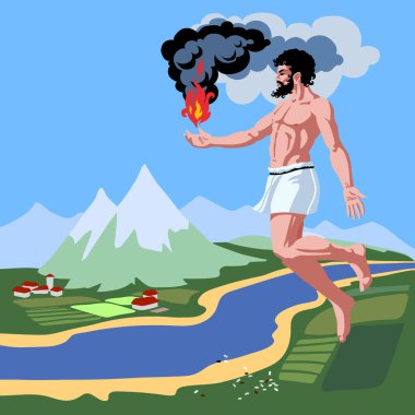 Elinde ateşle uçan Prometheus, antik Yunan efsanelerinden bir karakter, nehir, köy ve üzüm bağları olan kırsal bir manzara, çizgi film ve düz dizayn edilmiş bir renk vektör çizimi