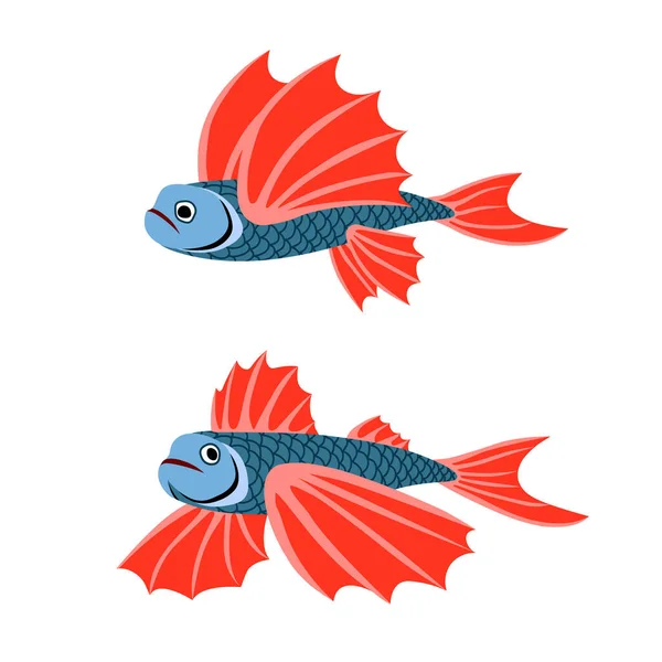 Ένα Ζευγάρι Ιπτάμενα Ψάρια Κόκκινα Πτερύγια Υποβρύχια Πλάσματα Μικρά Θαλάσσια — Διανυσματικό Αρχείο