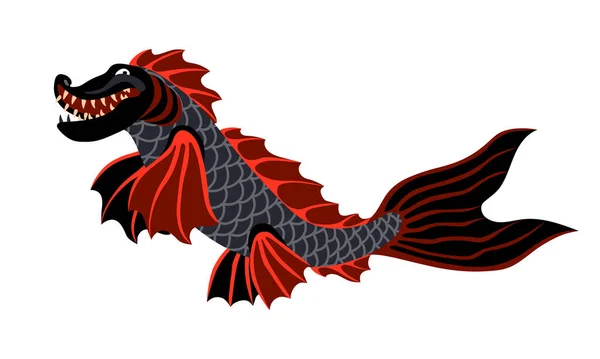 Young Black Dragon Red Fish Fins Fantastic Creature Sea Monster — Stock Vector