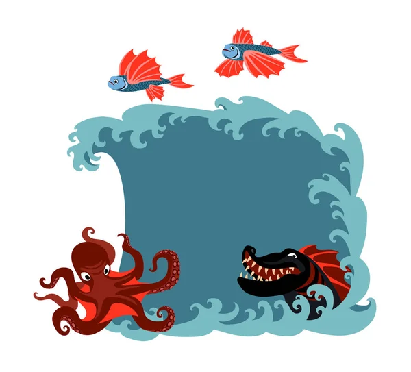 Conjunto Criaturas Marinhas Monstros Peixes Voadores Polvo Vermelho Dragão Negro — Vetor de Stock