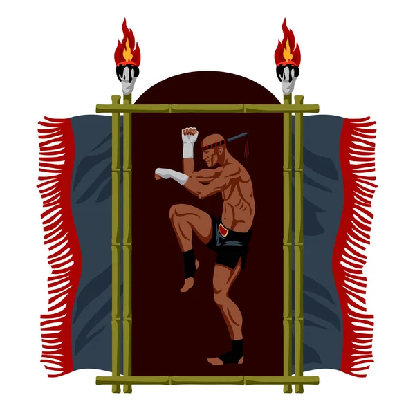 Boxeur Muay Thai Danse Rituelle Traditionnelle Avant Combat Cadre Bambou — Image vectorielle