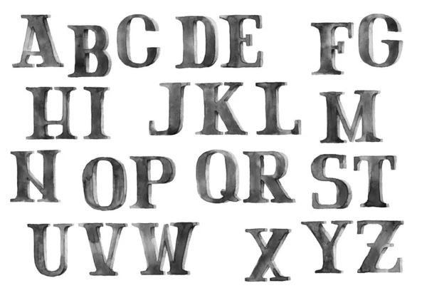 在水彩画技术和手绘风格中孤立在白色背景上的拉丁字母 粗体字母 货币字体 黑色墨水插图 — 图库照片