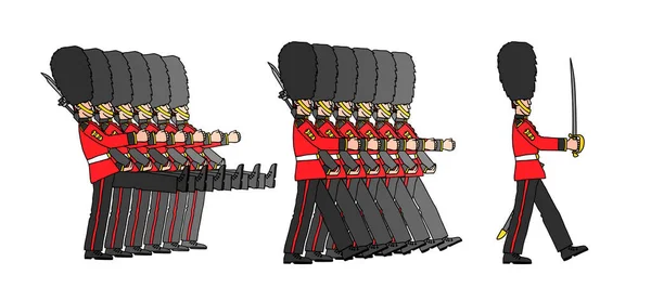节日阅兵式 头戴皮帽的皇家士兵行军 一支由伦敦卫兵组成的分遣队 以漫画和手绘风格与白色背景隔离的带有黑色等高线的彩色矢量图 — 图库矢量图片
