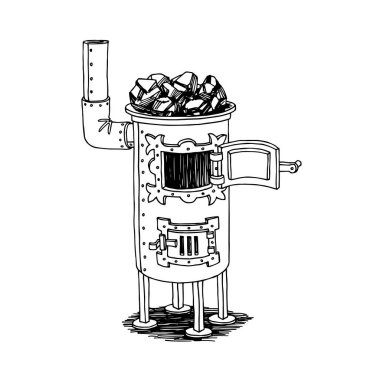 Tahta yakan eski dekoratif sauna sobası, banyo elementi, siyah mürekkep hatlı vektör çizimi karalama ve el çizimi tarzında beyaz bir arka planda izole edilmiş.