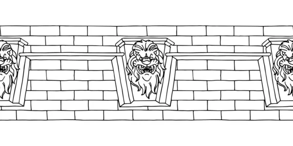 Горизонтальний Безшовний Візерунок Стара Цегляна Стіна Декоративним Орнаментом Голова Лева — стоковий вектор