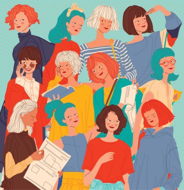 Çeşitli kadınlar arka planda, kadınlar farklı stilde.