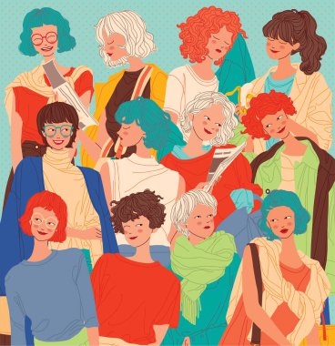 Çeşitli kadınlar arka planda, kadınlar farklı stilde.