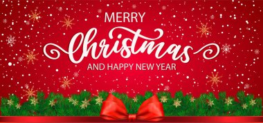 Noel afişi arka planı, Noel arka planı. Kurdeleler, kırmızı, altın toplar ve çelenklerle süslenmiş köknar dallarıyla süslenmiş Noel afişleri. Kırmızı arkaplandaki kar çerçeveleriyle