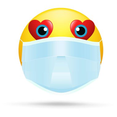 Ağız maskeli Emoji - açık gözlü, beyaz cerrahi maske takan, Emoji maske takan, yüz maskeli sarı emoji