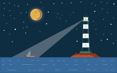 Gece vakti deniz feneri manzarası çizimi, okyanusta yüzen bir teknesi olan deniz feneri, deniz feneri resimli bir gece ayı.