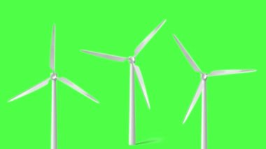 Yeşil ekran arka planlı rüzgar türbinleri, yeşil ekran yel değirmeni enerjisi Eolik enerji, rüzgar santrali dönüşünün 3 boyutlu animasyonu. Yeşil ekran döngü görüntüleri