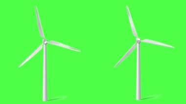 Yeşil ekran arka planlı rüzgar türbinleri, yeşil ekran yel değirmeni enerjisi Eolik enerji, rüzgar santrali dönüşünün 3 boyutlu animasyonu. Yeşil ekran döngü görüntüleri