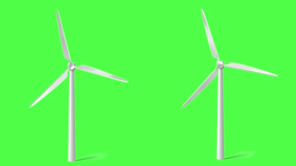 Windturbines met groene achtergrond, groene energie windmolen Eolische energie, 3D-animatie van de rotatie van windturbines. Beelden van het groene scherm — Stockvideo