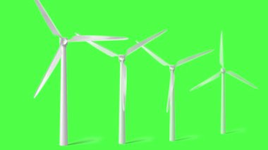 Yeşil ekran arka planlı rüzgar türbinleri, yeşil ekran yel değirmeni enerjisi Eolik enerji, rüzgar santrali dönüşünün 3 boyutlu animasyonu. Yeşil ekran döngü görüntüleri
