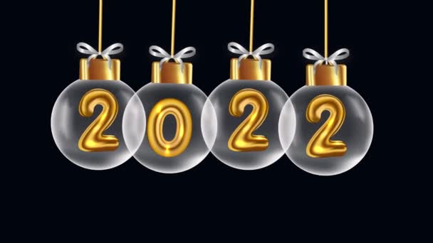2022年新年クリスマスボール暗い背景、 2022年黒を背景にした新年のお祝い、ゴールデン2022年 — ストック動画