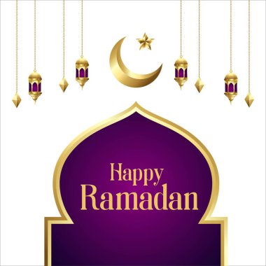 Ramazan Kareem altın gibi lüks bir hilal, İslami bir tebrik kartı şablonu, Ramazan Kareem, fener ve ay ışığı, aydınlık bir arkaplanda Müslüman bayramı ışıkları