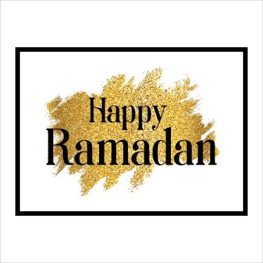 Altın parıltısıyla mutlu Ramazan kutlamaları, siyah kare çerçeveli altın metalik fırça grunge vuruş lekesi üzerinde mutlu Ramazan kutlamaları. Vektör illüstrasyonu