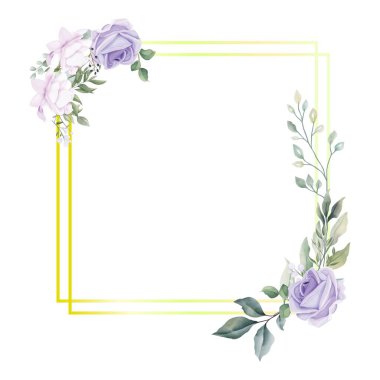 Güzel altın kare düğün fotoğrafı çerçeve vektör illüstrasyonu, altın fotoğraf çerçevesi düğün çiçekleri, romantik aşk, mavi güller, yeşil yapraklar, gül, yaprak, mavi çiçek