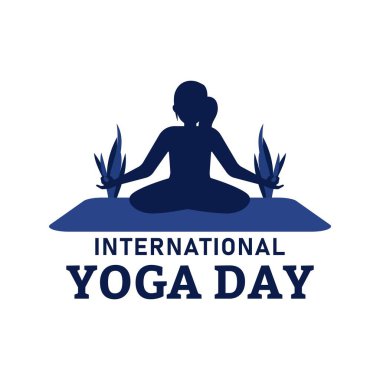 Mavi metin efektli güzel yoga günü vektör çizimi, koyu mavi, yoga pozisyonu, uluslararası yoga günü özel, Lady, Woman, yoga yapan kadın, 21 Haziran, çiçek vazosu, çiçek.