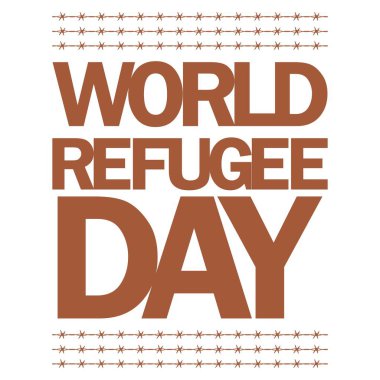 Dünya Mülteci Günü vektör ilüstrasyonu ve beyaz renkli metin efekti, acı verici illüstrasyon, keder, Acı, Mülteci, beyaz, dikenli tel, çamur rengi, Mülteci günü.