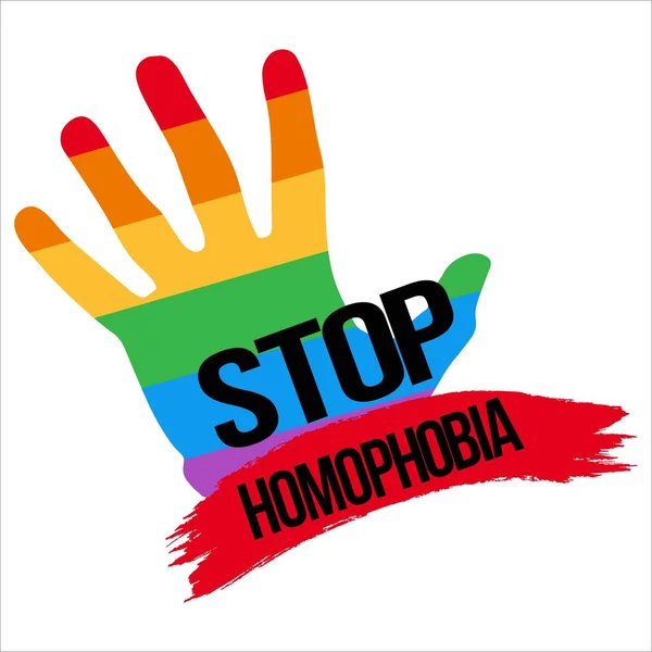 Stop Homofobia Movimiento Con Bandera Lgbt Forma Mano Vector Ilustración — Vector de stock