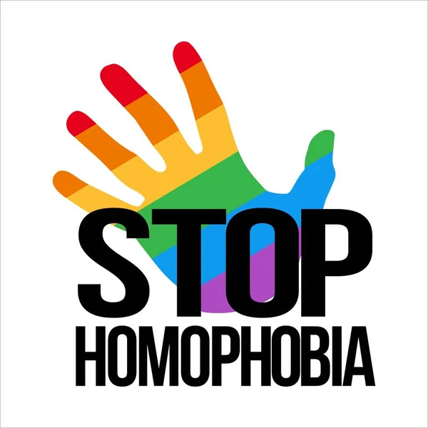 Stop Homofobie Zwarte Tekst Effect Met Lgbt Vlag Hand Vorm — Stockvector