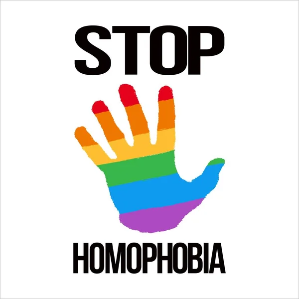 Stop Homofobia Digital Black Text Effect Lgbt Flag Hand Shape — Vector de stock