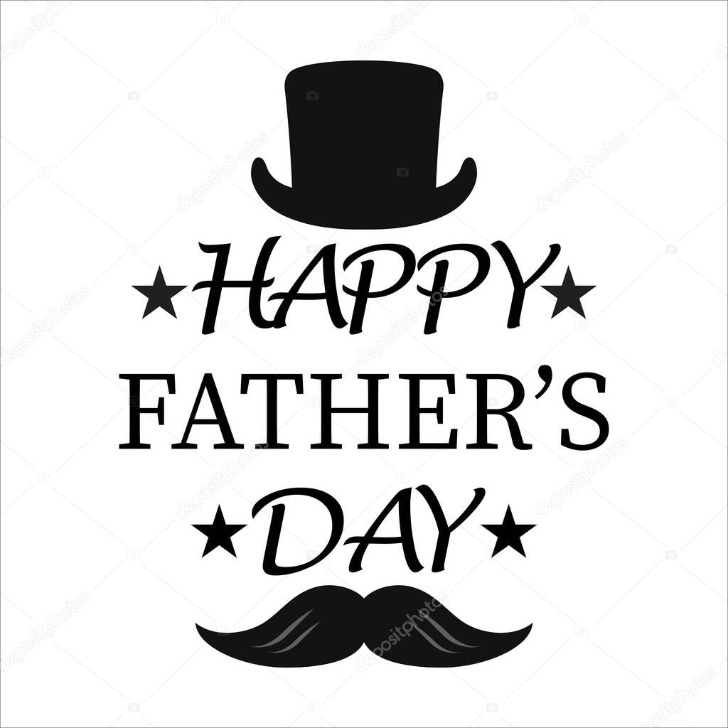 June 20 Happy Fathers day beautiful black text effect with hat and moustache, Simple vector illustration, father's day special illustration, stars.