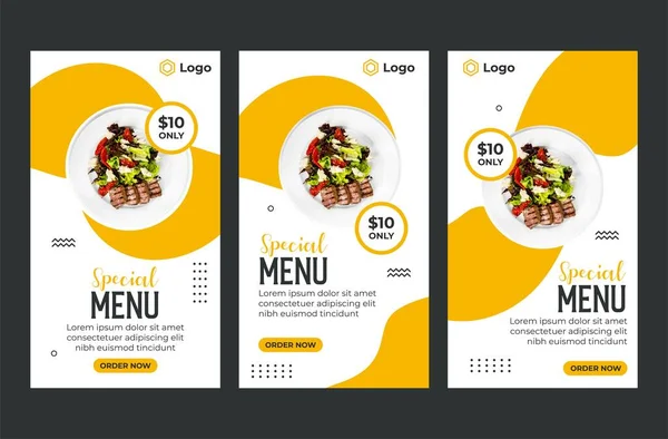 special restaurant menu social media story template collection, Social media banner design for restaurant with yellow white and dark colour. Fast food restaurant menu template Design.