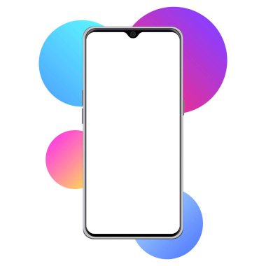 Yuvarlak şekilli çok renkli arkaplan üzerinde beyaz ekranlı cep telefonu modelleme vektörü, reklam amaçlı beyaz ekranlı cep telefonu vektörü, mobil reklam modeli.
