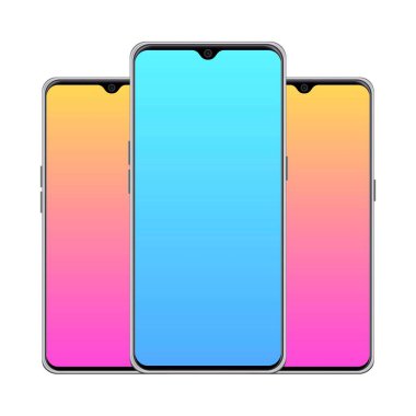 Beyaz arkaplanda renkli ekranı olan cep telefonu modelleme vektörü, reklam amaçlı çok renkli ekranlı cep telefonu vektörü, cep telefonu reklam modeli.