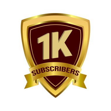 1K abone kutlama rozeti altın eğimli kurdele ve koyu renk gölge vektör ilüstrasyonlu beyaz arka plan, 1K abone kutlamaları altın abone rozeti ile.