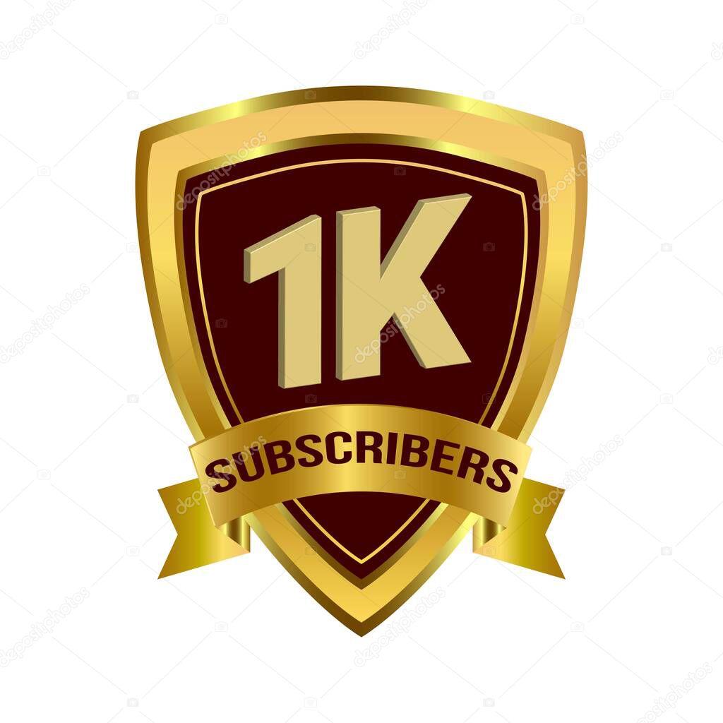 1K Subscriber celebration badge with golden gradient ribbon and dark color shade vector illustration on a white background, 1K subscriber celebration with golden subscriber badge.