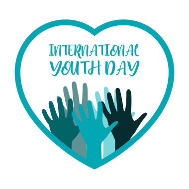 Uluslararası Gençlik Günü kutlaması, aşk içinde gençlik günü özel vektör tasarımı, mavi aşk şekli vektör illüstrasyonu içinde eller, uluslararası gençlik gününün yazı tipi tasarımı.