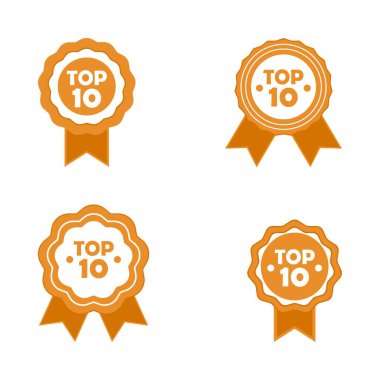 Turuncu ve beyaz tonlu rozet koleksiyonu. Royal Top 10 rozet koleksiyonu beyaz arka planda. Kurdeleli ilk 10 rozet.