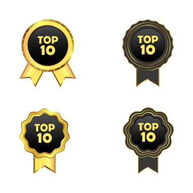 Altın ve siyah tonlu gösterişli rozet koleksiyonu. Royal Top 10 rozet koleksiyonu beyaz arka planda. Kurdeleli ilk 10 rozet.