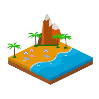 Tepe konseptli 2.5D kumlu plaj vektör tasarımı, 2.5D manzaralı Sandy plaj vektörü, yazları turistli plaj..