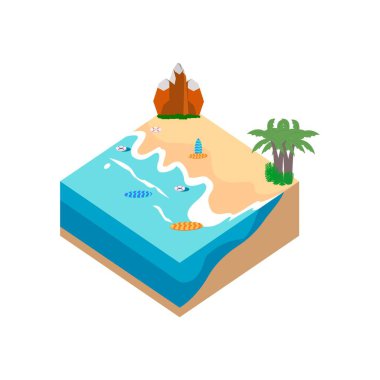 2.5D Sandy plajı konsept vektör çizimi. Sörf tahtası, tepe konsepti ve hindistan cevizi ağacı olan kumsal vektörü. Hayat şamandıralı 3D deniz kenarı sanatı.