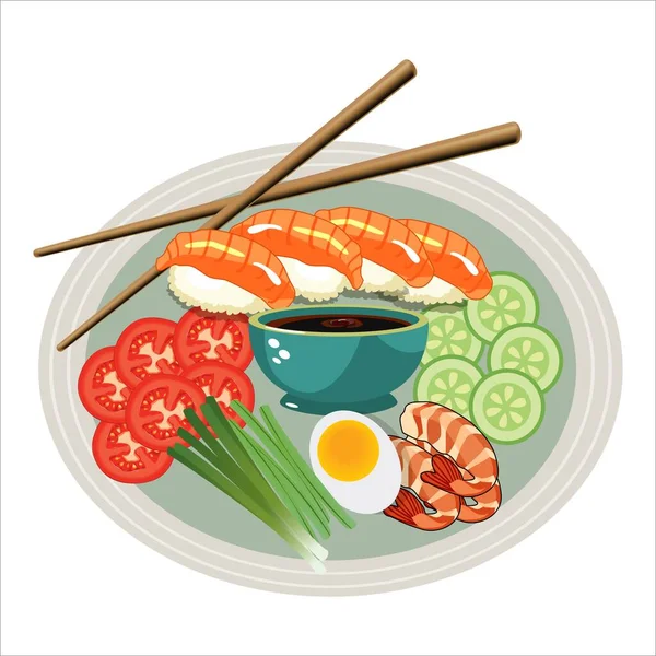 用色拉说明亚洲食物载体 亚洲食品概念与酱油和寿司 蔬菜蔬菜沙拉 — 图库矢量图片