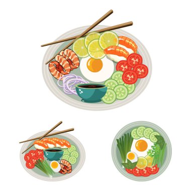 Çubuklu Asya geleneksel foo koleksiyonu. Limon, domates, salatalık ve soğanlı salata tasarımı. Soya soslu suşi ve karides..