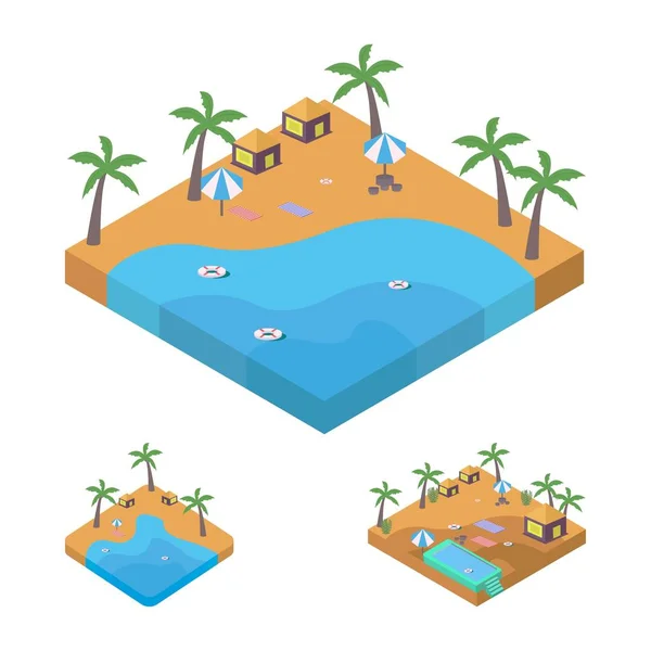 2.5D Sandy beach landscape concept collection. Sandy beach vector with swimming pool and coconut tree. Seashore 2.5D art with a lifebuoy and sunbathe.