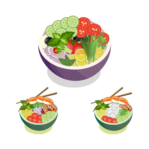 Asian Traditional Foo Collection Chopsticks Salad Vector Design Lemon Tomato — Stock Vector