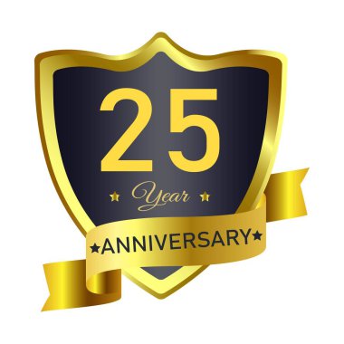 Altın renkli 25 yıllık rozet tasarımı. Kalkan şekilli kraliyet rozeti tasarımı. Kurdele vektör illüstrasyonlu Altın ve Siyah rozet tasarımı.