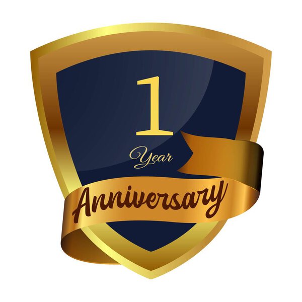 1-year couple anniversary badge design with golden gradient color. Anniversary royal badge design with a shield shape. Golden and Black badge design with ribbon vector illustration.