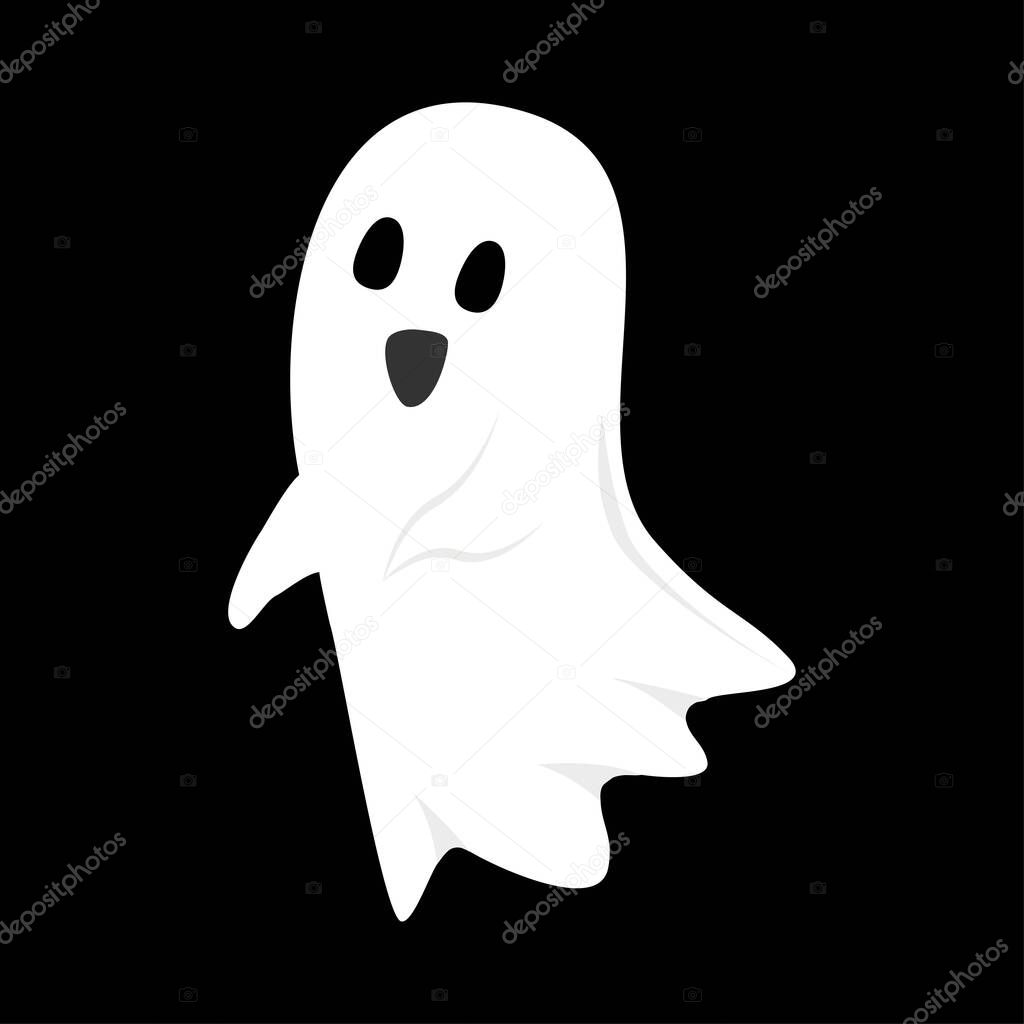 Halloween cute and happy white ghost design on a black background. Ghost with abstract shape design. Halloween white ghost party element vector illustration. Ghost vector with a scary face.