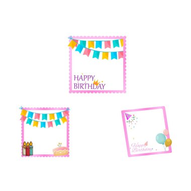 Mutlu yıllar, fotoğraf çerçevesi tasarım vektör çizimi. Kekler, hediyeler ve diğer parti unsurları ile fotoğraf çerçevesi ve metin efekti. Doğum günü dilekleri için izole edilmiş vintage fotoğraf çerçeveleri koleksiyonu.